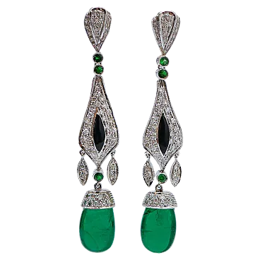 Platinum earrings with emeralds, tsavorite, diamonds, onyx, 1960s