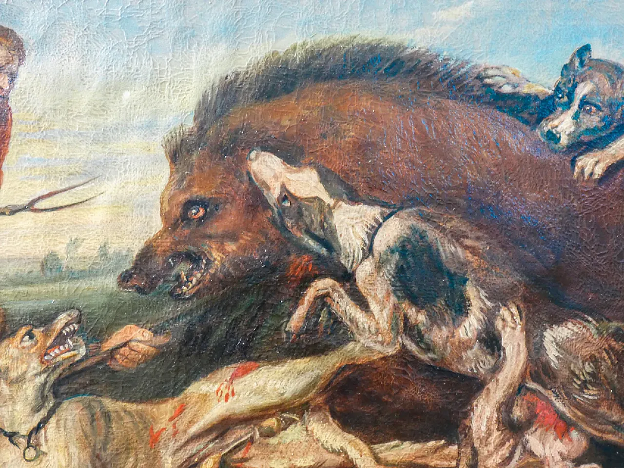 Caccia al cinghiale, olio su tela con cornice dorata, primo '900 3