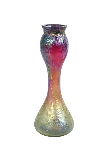 Vaso solifiore in vetro soffiato iridescente, primo '900