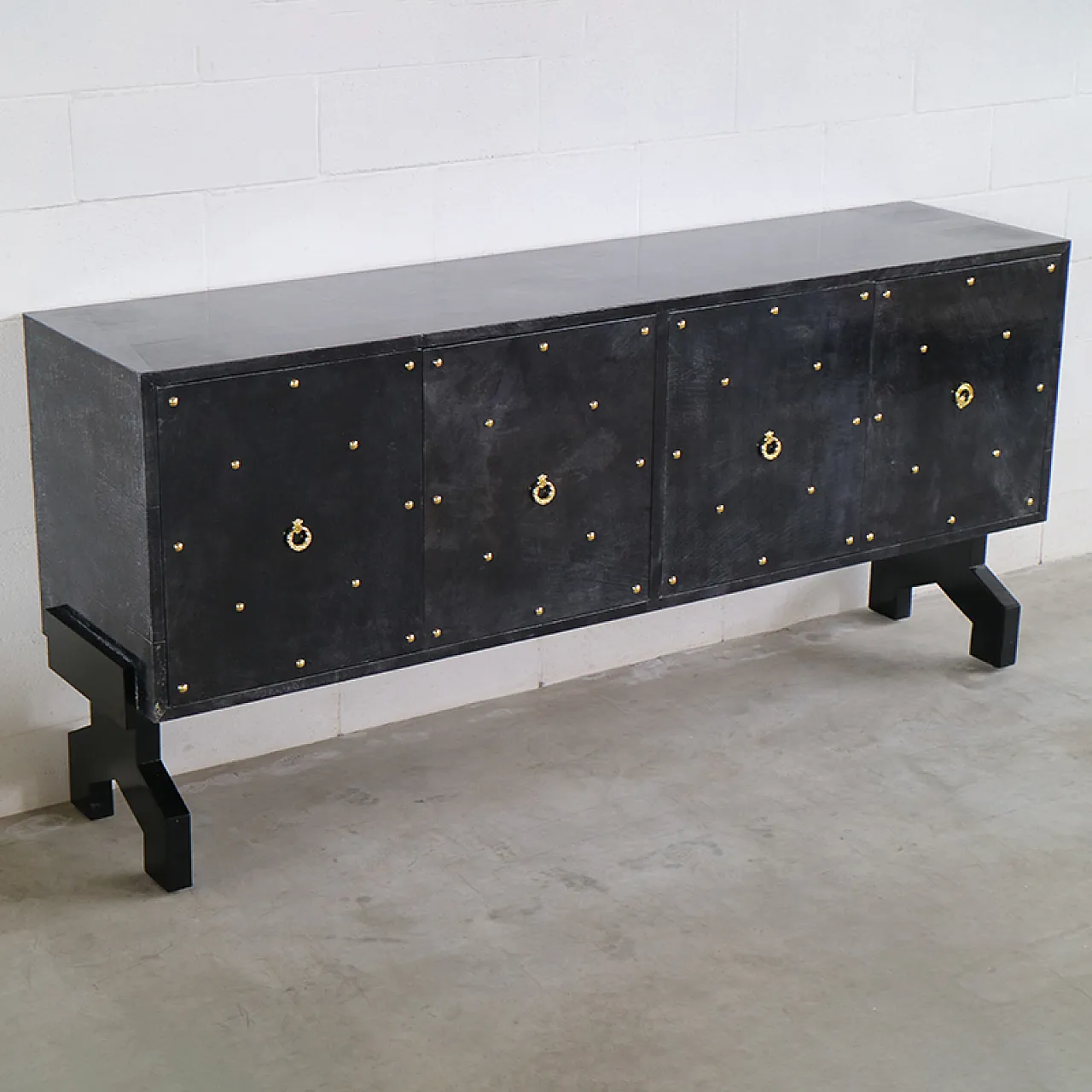 Credenza quattro ante in pergamena nera, anni '90 3