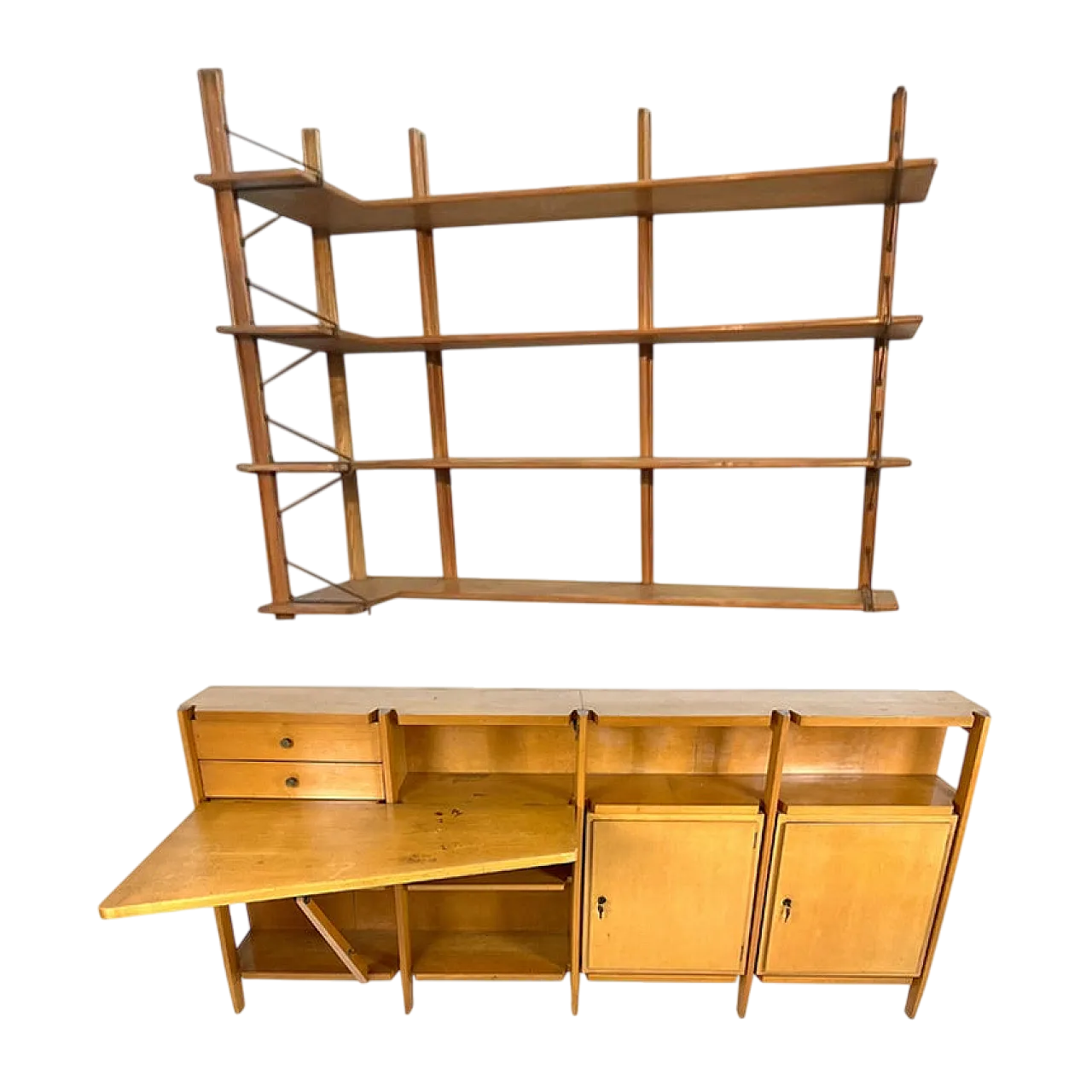 Cabinet with drop-down desk and hanging corner bookcase, 1950s 15