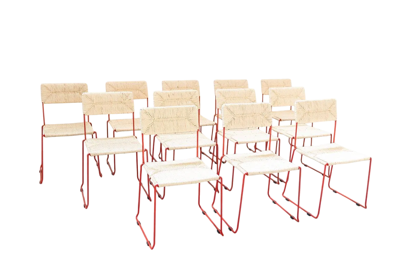 6 Bold Red Iron & Natural Straw Dining Chairs, 2000s 22