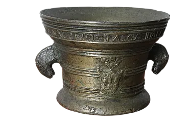 Antico mortaio in bronzo spettacolare 1859 con Stemma e nome  Farmacia