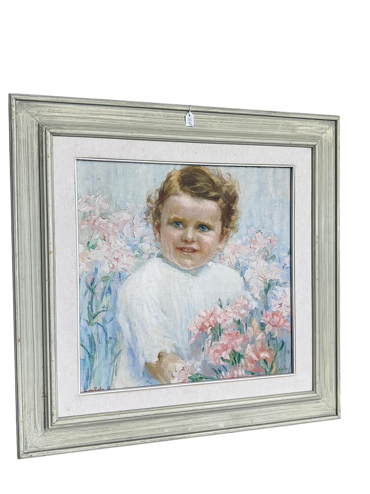 Ancient Liberty taste painting, girl with flowers, signed, 75x73 cm 14