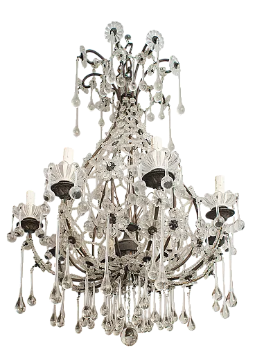 Lampadario Liberty Napoletano in latta e cristallo, '900