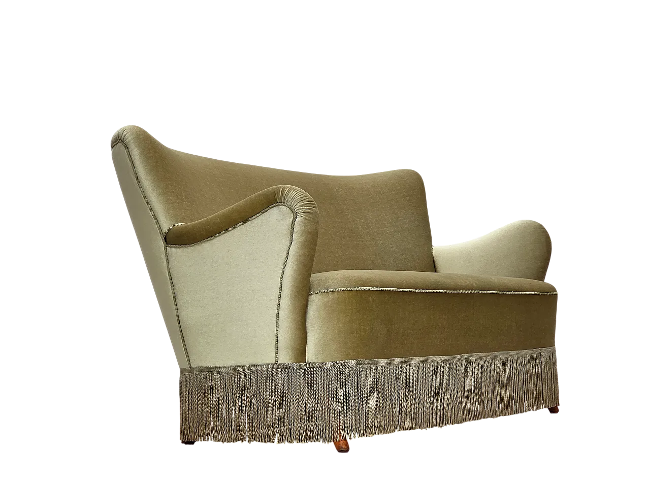 Divano danese a 2 posti, velluto verde, gambe in faggio, Anni '60 21