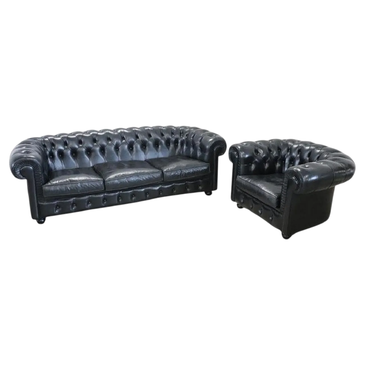 Divano e poltrona  stile Chesterfield in pelle nera, anni '80 17