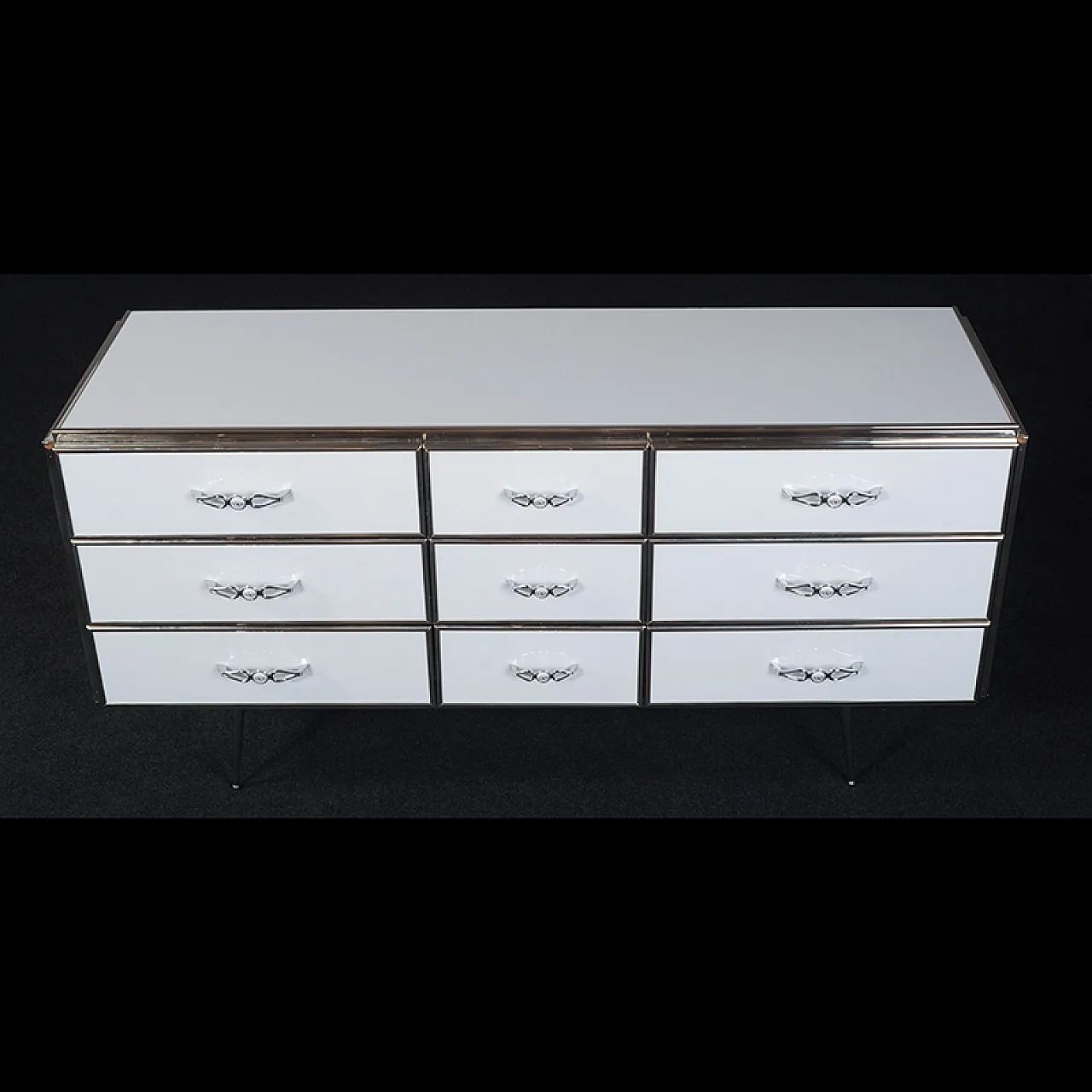 Credenza a 9 cassetti rivestiti in vetro bianco, anni 2000 4