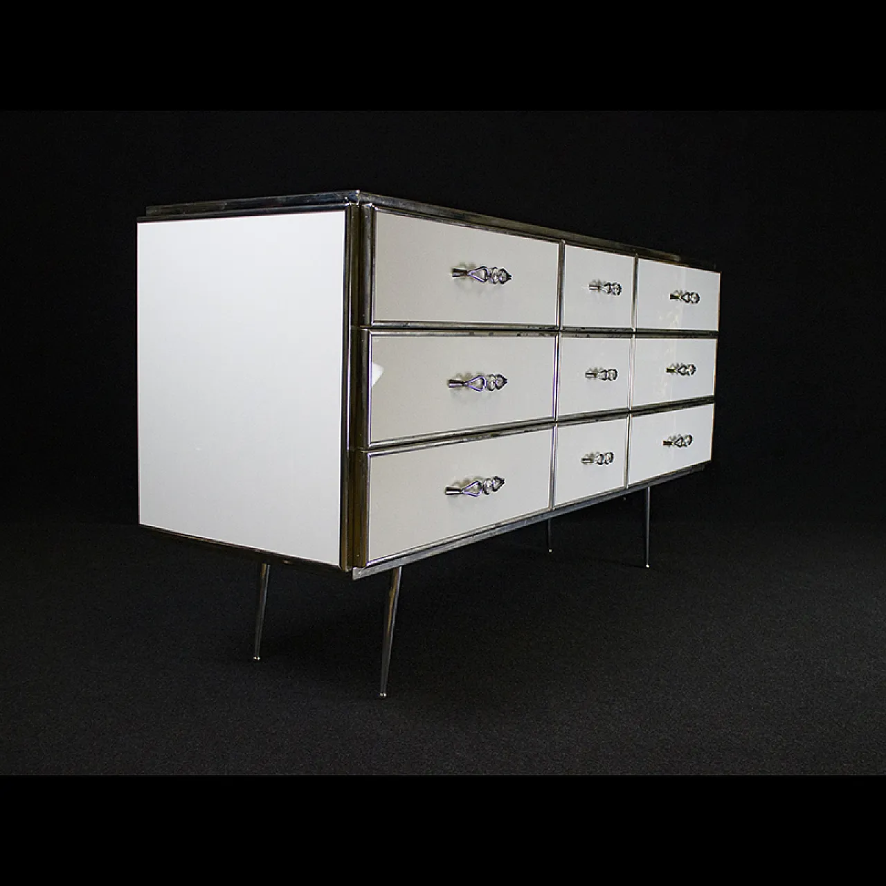 Credenza a 9 cassetti rivestiti in vetro bianco, anni 2000 6