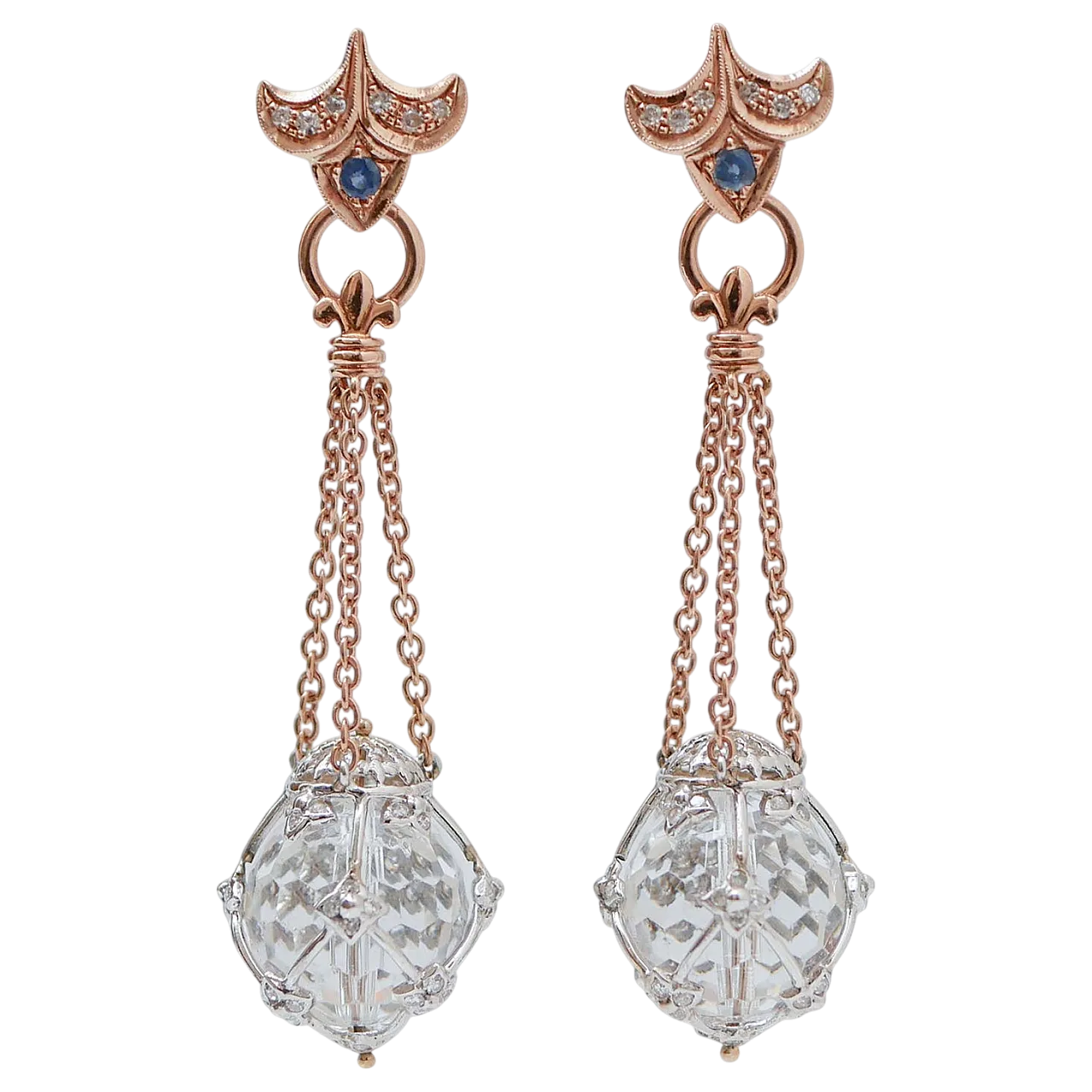 Orecchini in cristallo di rocca, diamanti, zaffiri, oro, anni '70 6