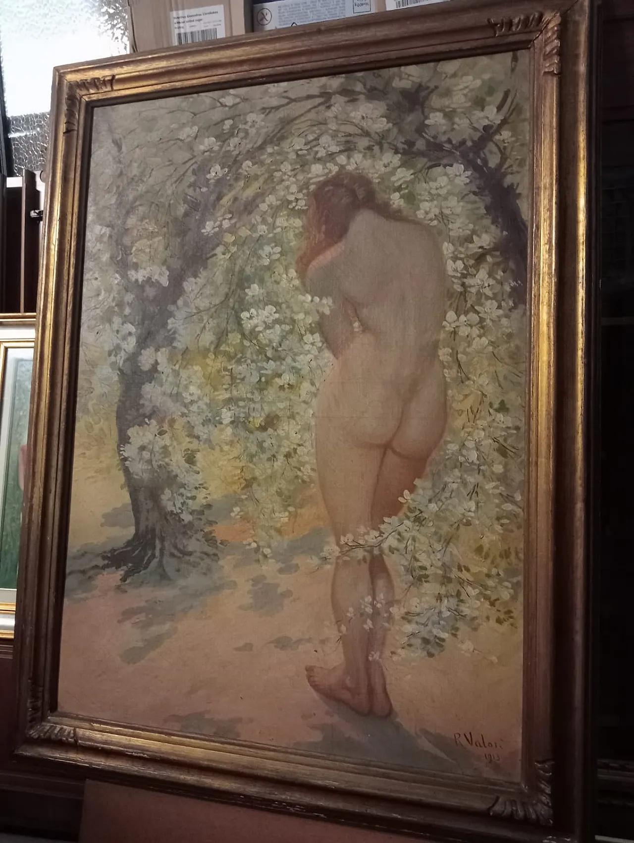 Romano Valori, Female nude, ​​oil on canvas signed and dated, 1913 4