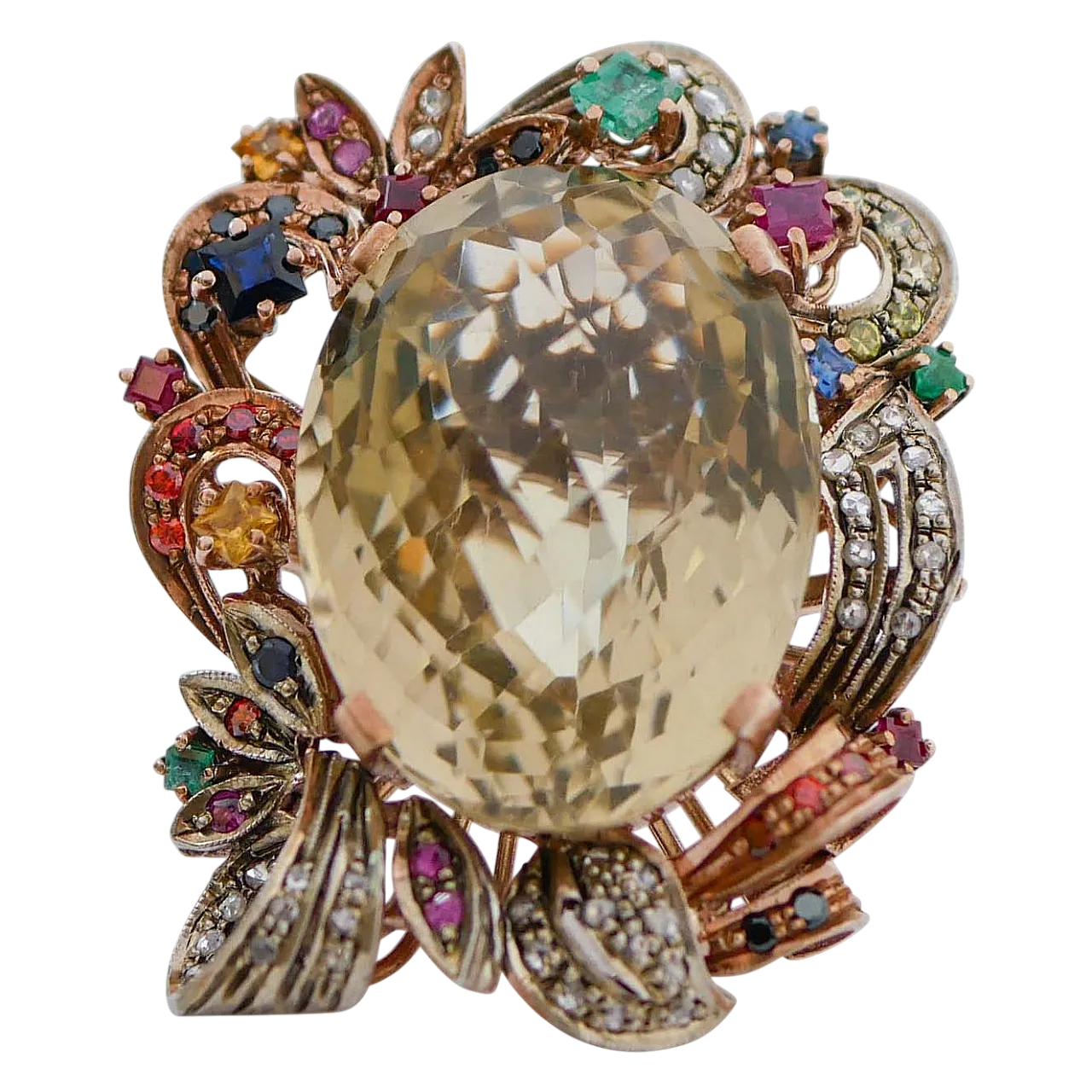 Anello con topazio, smeraldi, rubini, zaffiri, diamanti, anni '60 6
