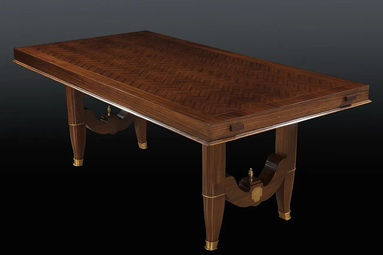 Tavolo da Pranzo Art Deco in legno intarsiato e ottone, anni '40 1