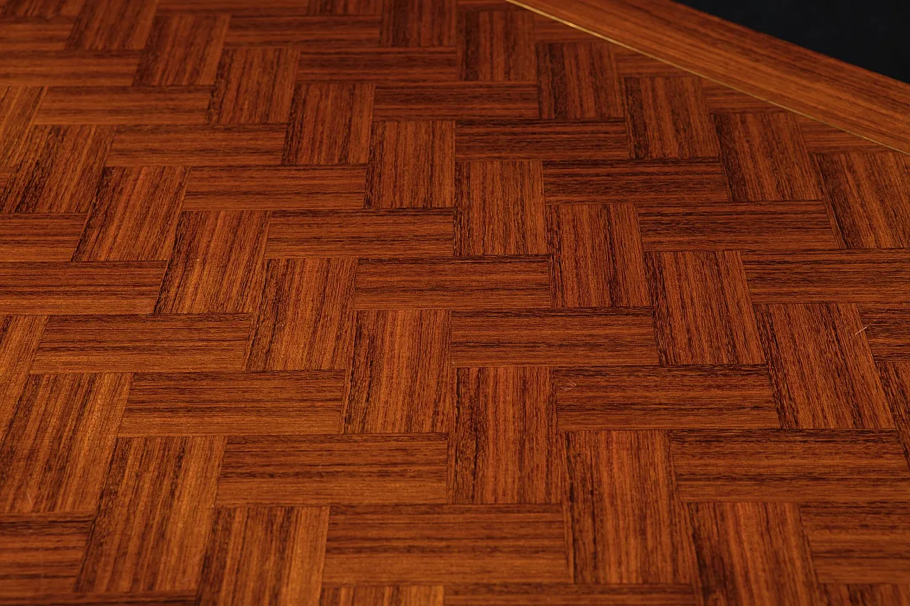 Tavolo da Pranzo Art Deco in legno intarsiato e ottone, anni '40 3