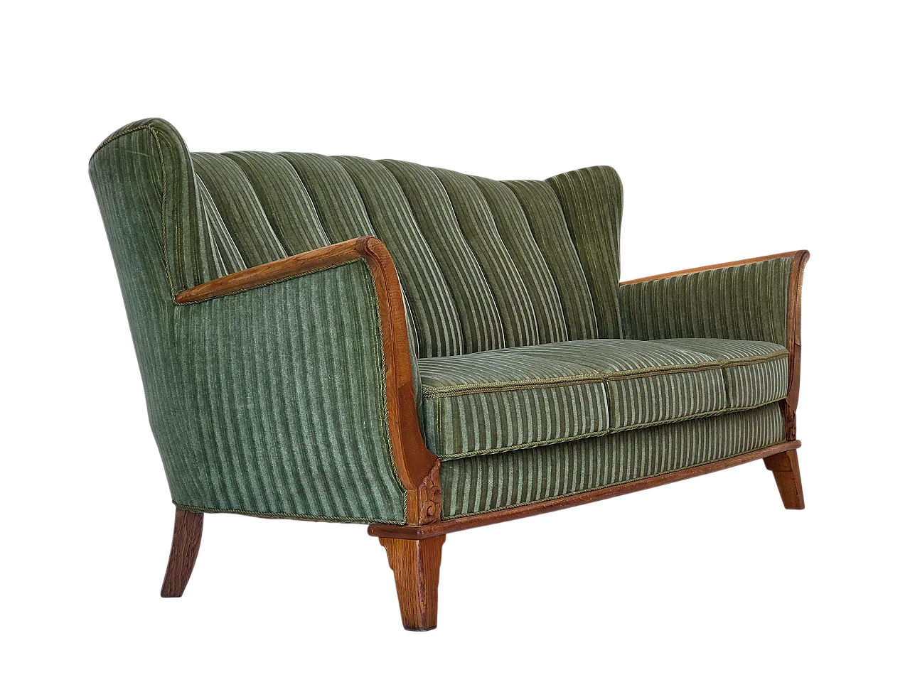 Anni '60, divano danese a 3 posti, velluto per mobili verdi, legno di quercia. 21