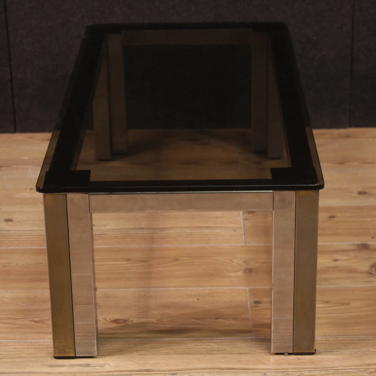 Rectangular glass table, brass and chromed metal, 70s 7