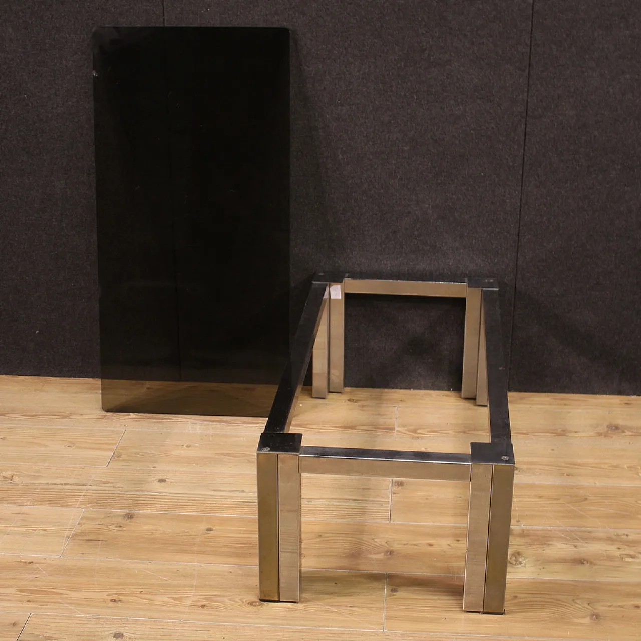 Rectangular glass table, brass and chromed metal, 70s 12