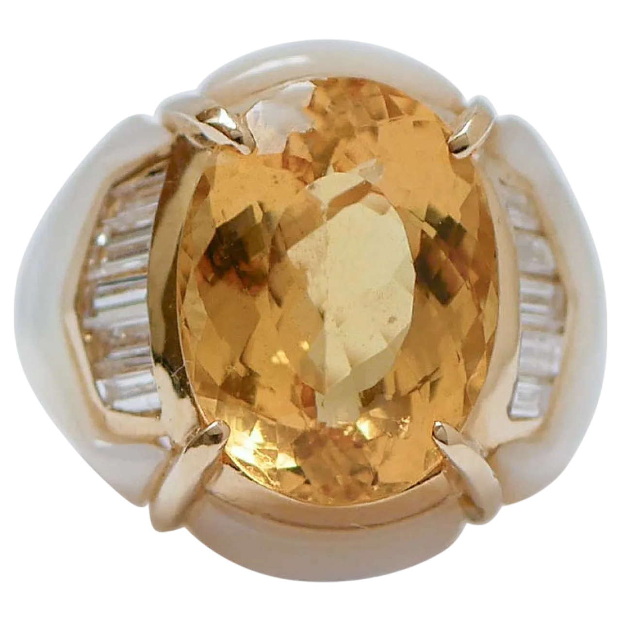 Anello in oro rosa con eliodoro, diamanti, pietre bianche, anni '60 8