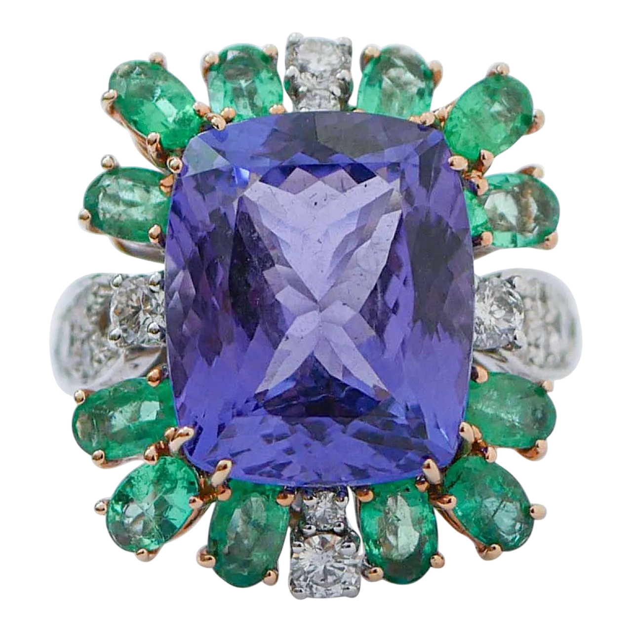 Anello con tanzanite, smeraldi, diamanti, oro, anni '70 6