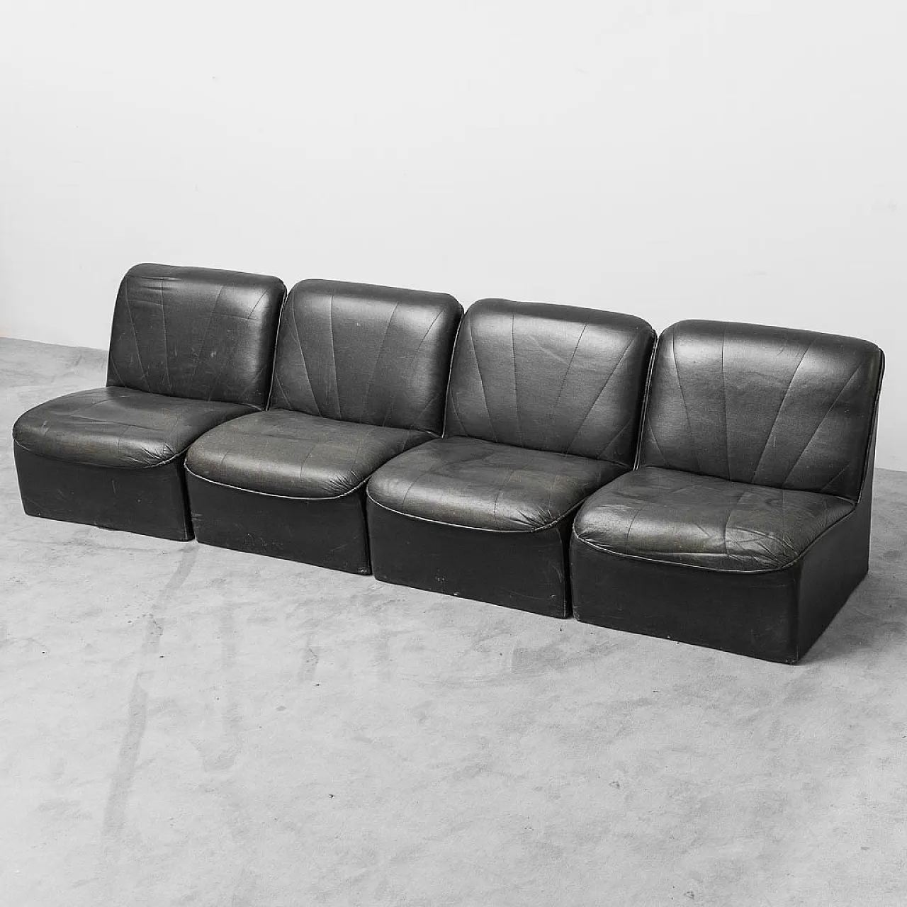 4 -seater modular sofa armchairs in black eco -leather, 70s 1
