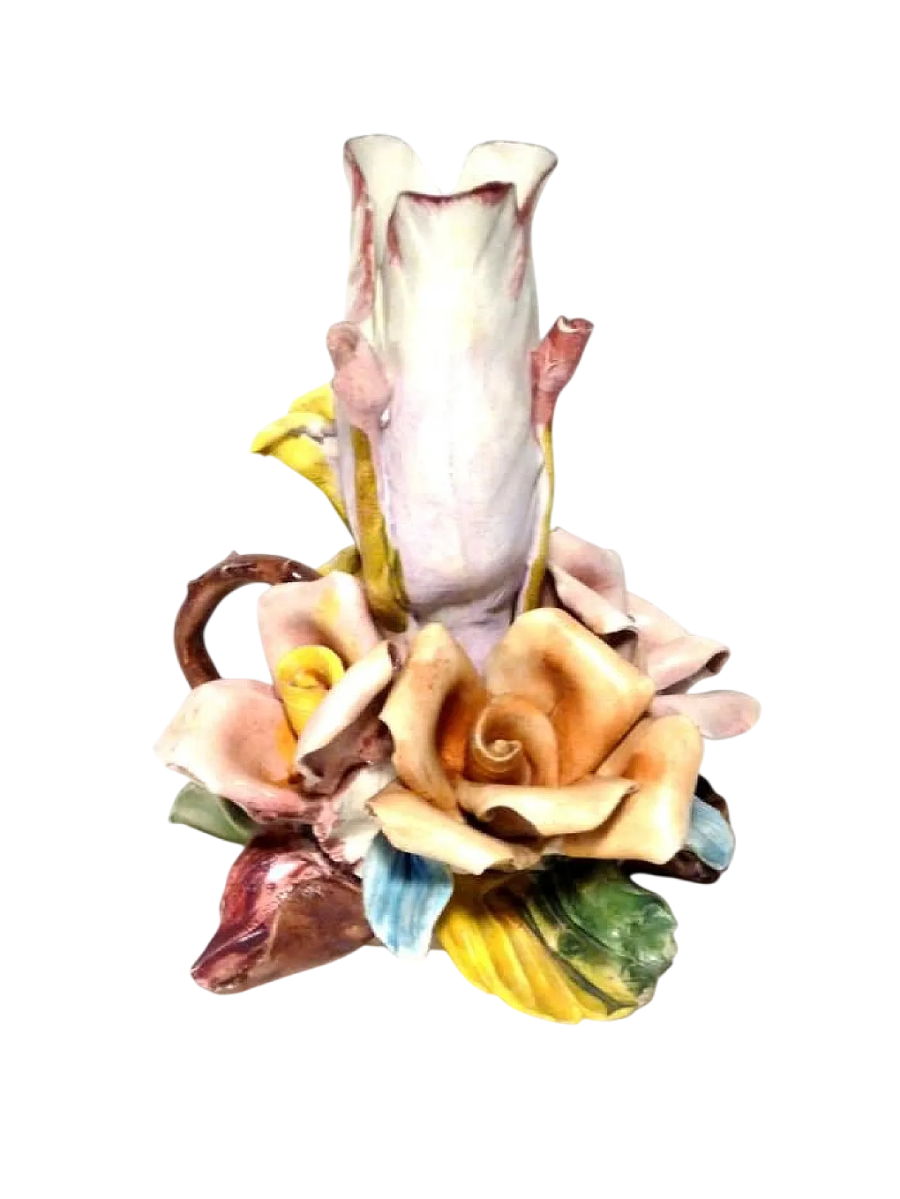 Capodimonte biscuit porcelain rose flower candleholder, 1950s 5