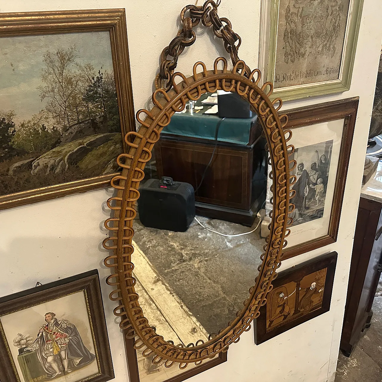 Specchio da parete ovale in bambù di Bonacina, anni '70 2