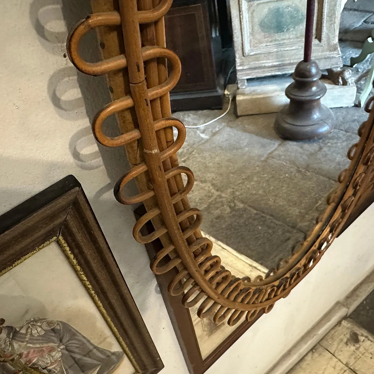 Specchio da parete ovale in bambù di Bonacina, anni '70 6