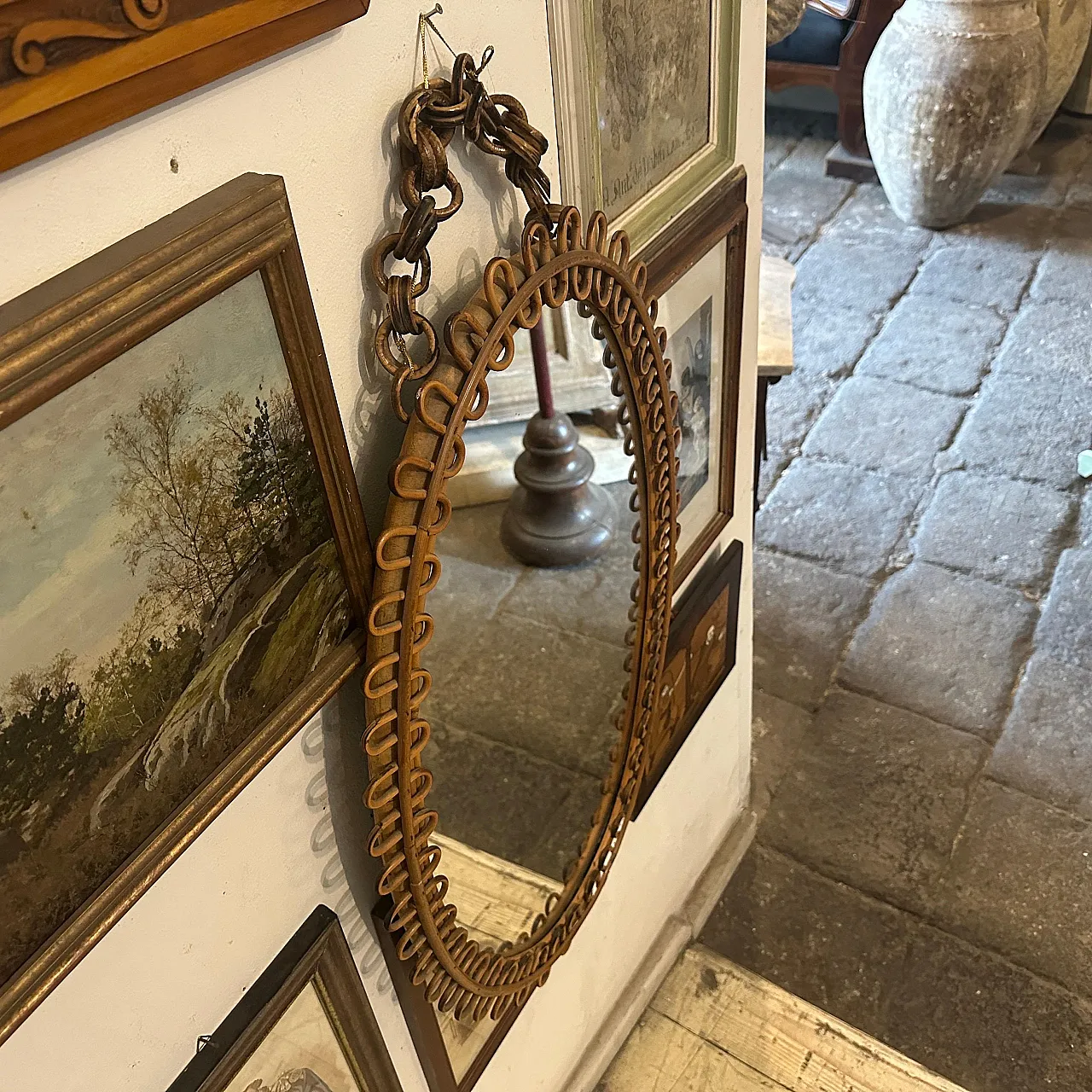 Specchio da parete ovale in bambù di Bonacina, anni '70 10