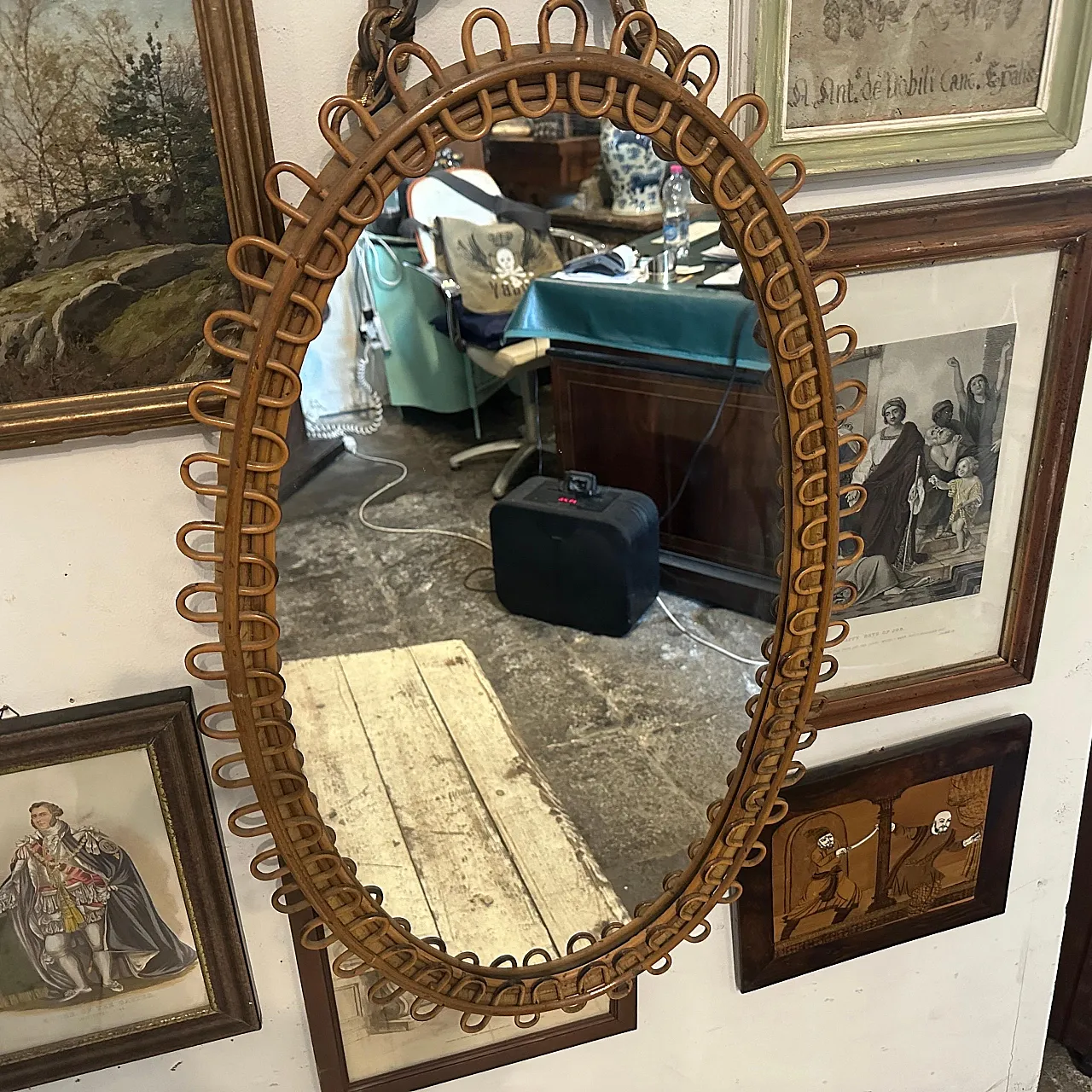 Specchio da parete ovale in bambù di Bonacina, anni '70 11