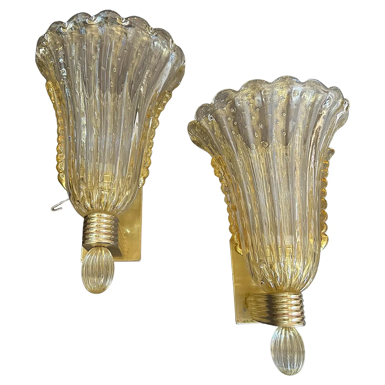 Coppia di applique in ottone e vetro di Murano ambrato, anni 2000 1