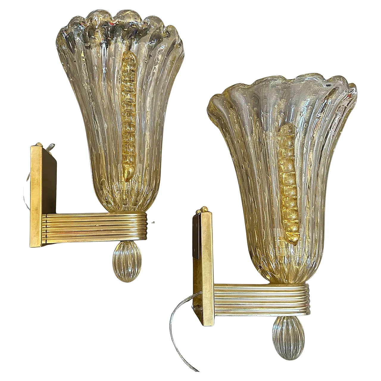 Coppia di applique in ottone e vetro di Murano ambrato, anni 2000 2