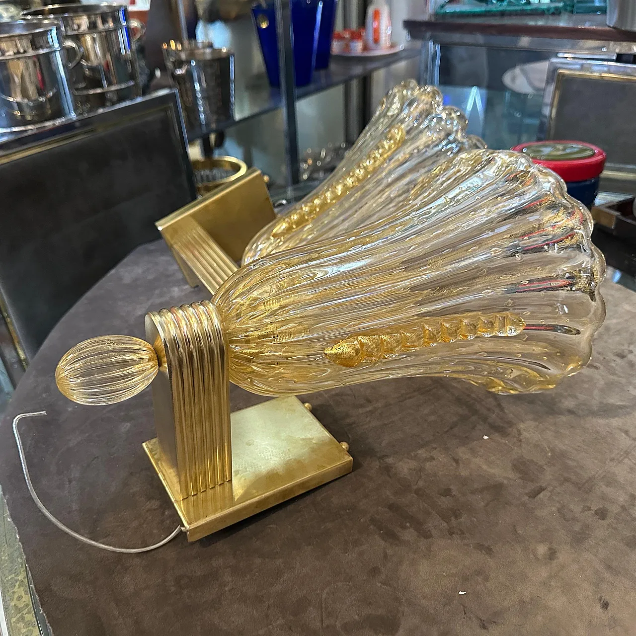 Coppia di applique in ottone e vetro di Murano ambrato, anni 2000 3