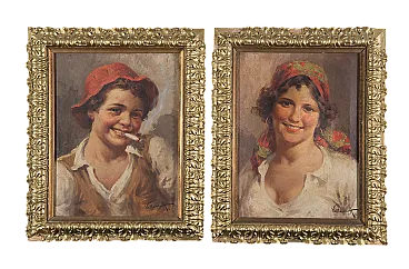 Pair of paintings oil on canvas depicting young Popolani Figures, 20th