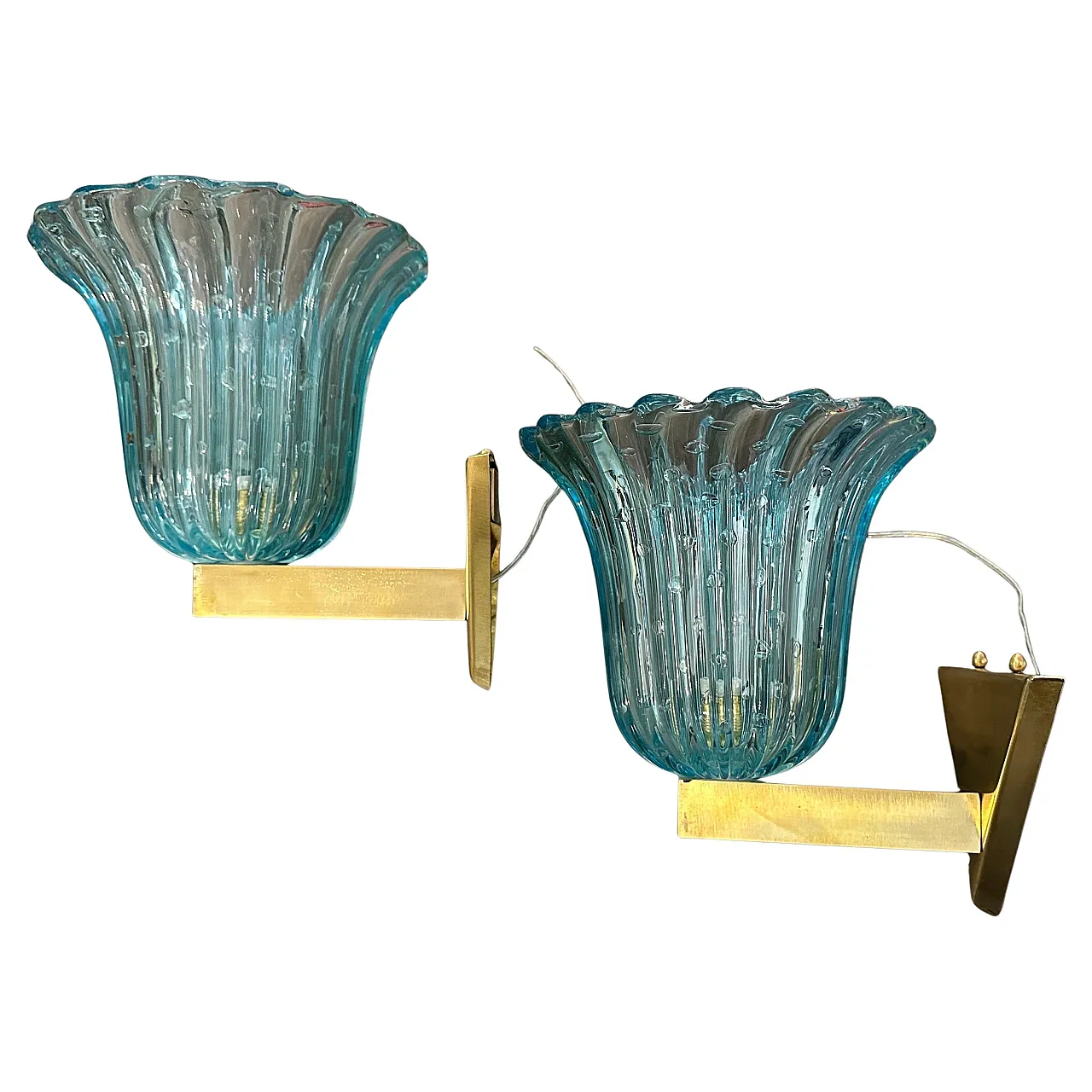Coppia di applique in vetro di Murano blu, stile Barovier, anni '70 1