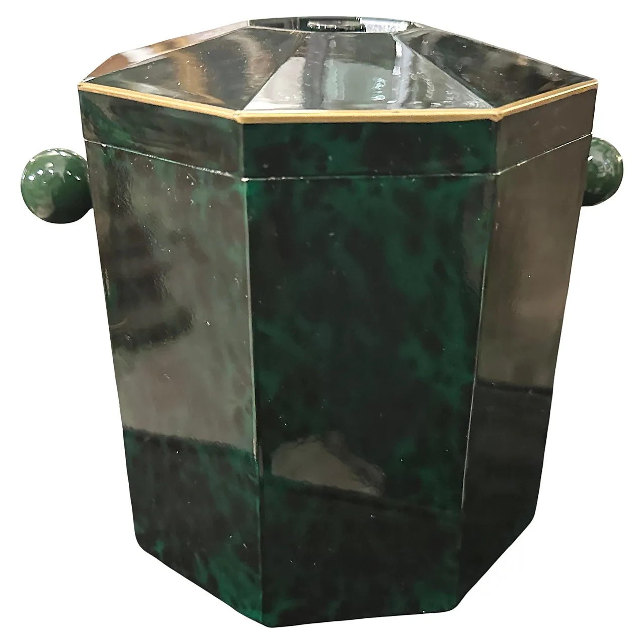 Secchiello per ghiaccio in finta malachite, lucite e ottone, anni '70 1
