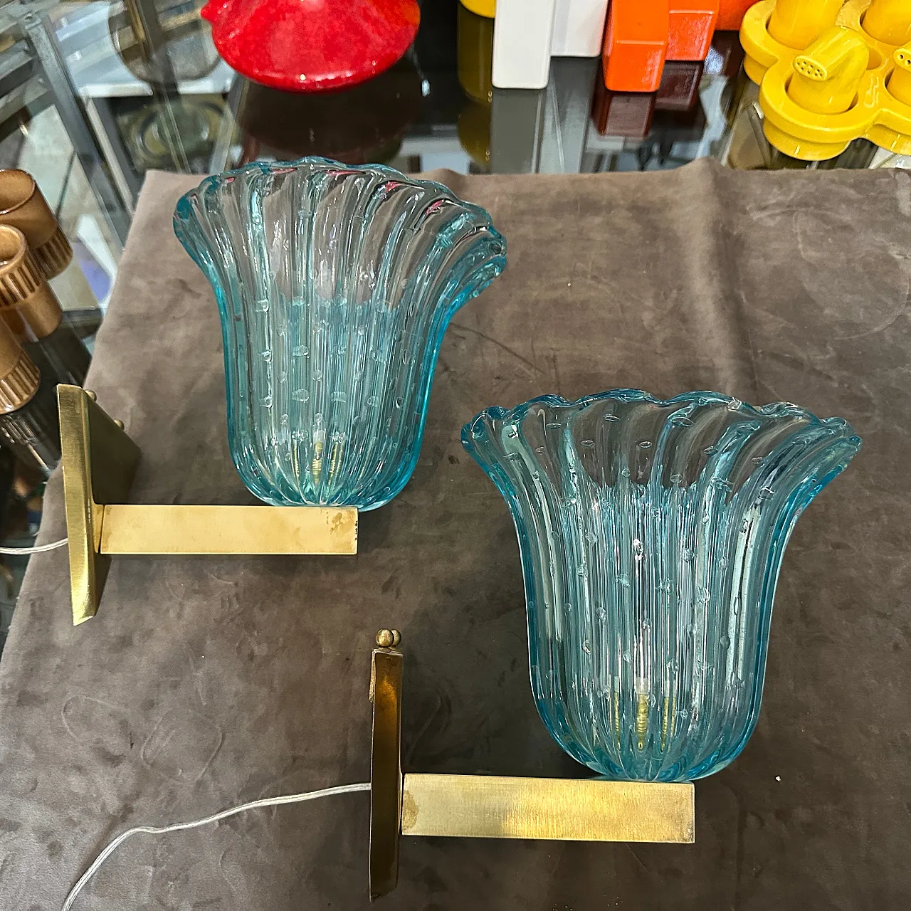 Coppia di applique in vetro di Murano blu, stile Barovier, anni '70 3