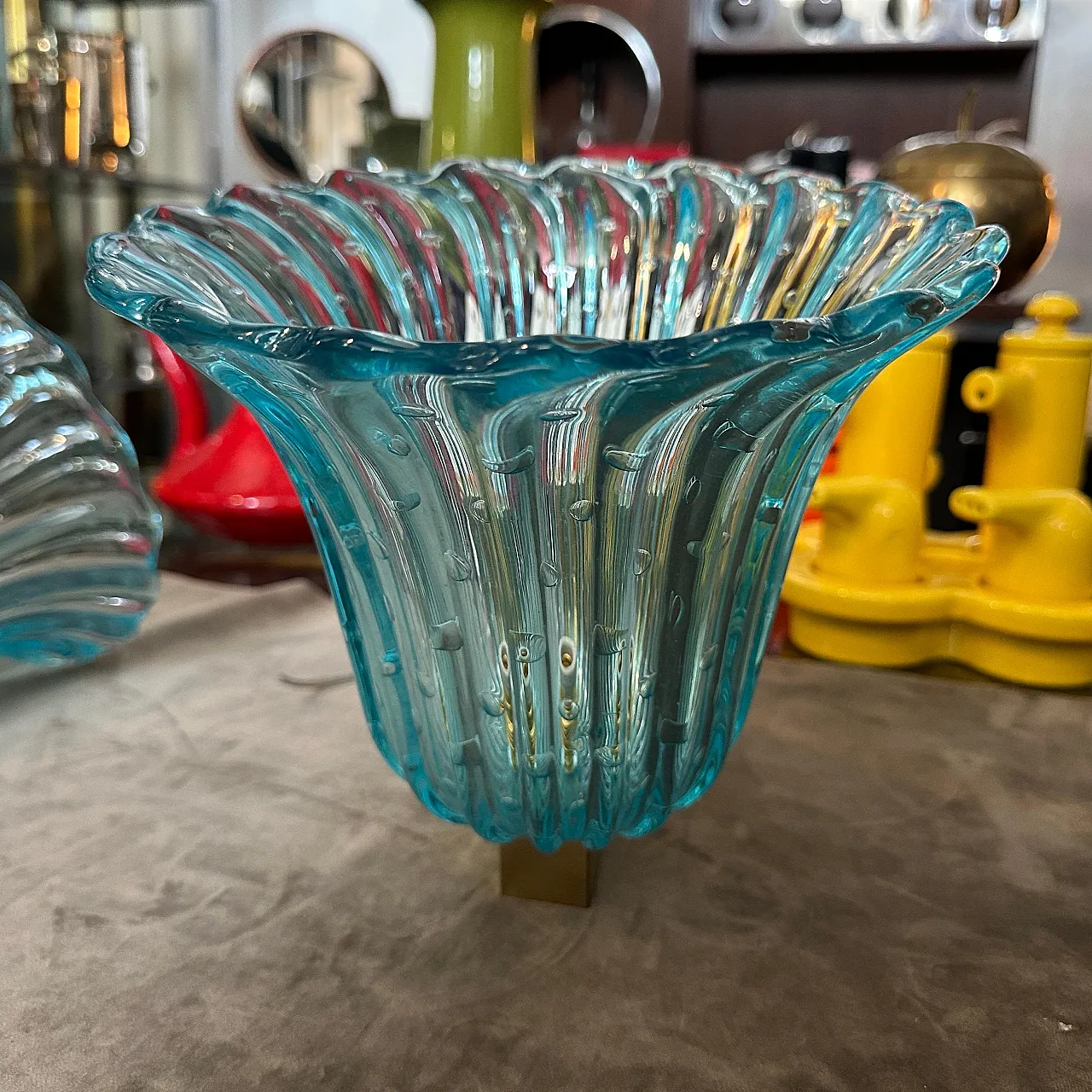 Coppia di applique in vetro di Murano blu, stile Barovier, anni '70 7
