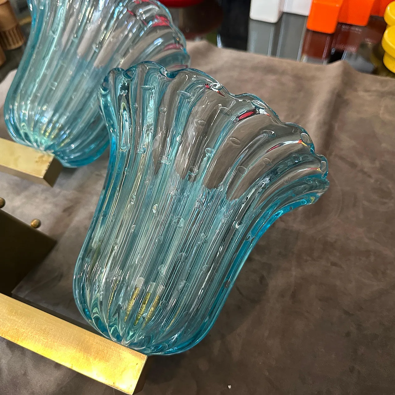 Coppia di applique in vetro di Murano blu, stile Barovier, anni '70 8