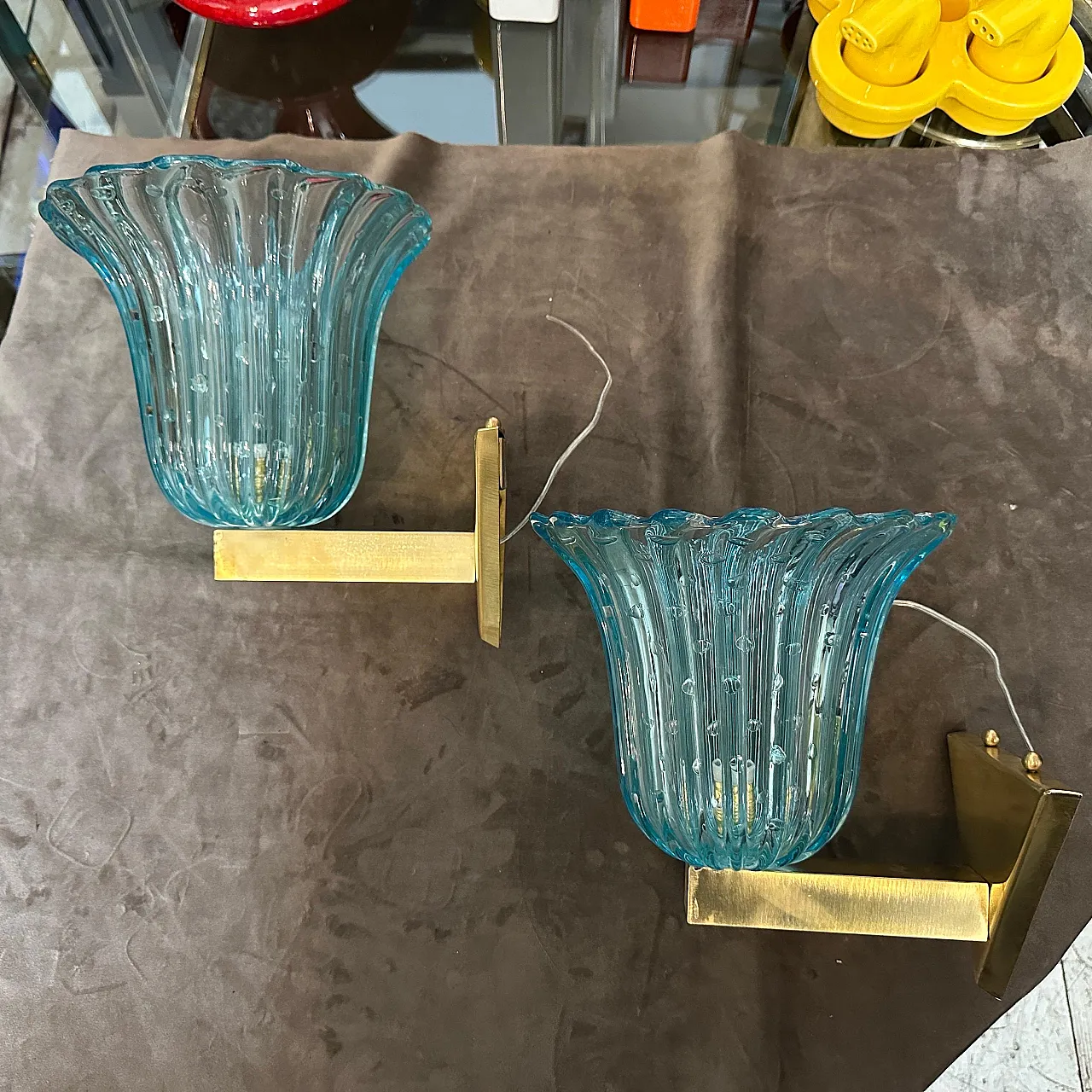 Coppia di applique in vetro di Murano blu, stile Barovier, anni '70 14