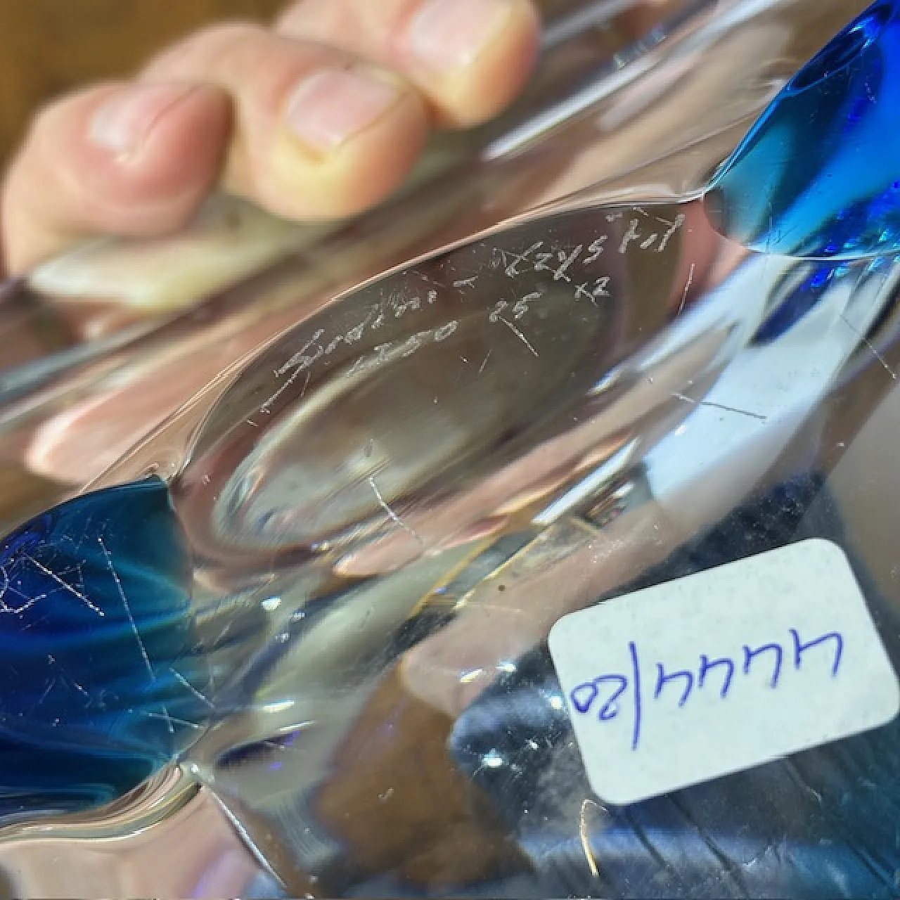 Centrotavola Murano trasparente e blu firmato alla base, 1970 3