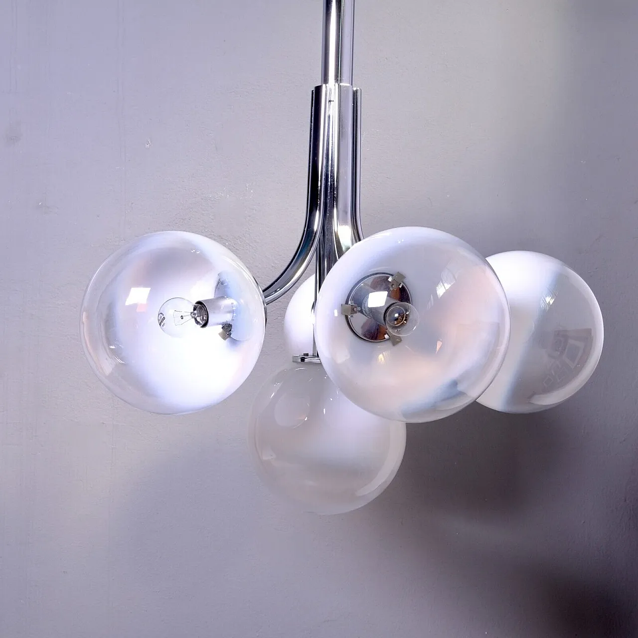Lampadario da soffitto in metallo cromato e vetro di Murano, anni '70 3