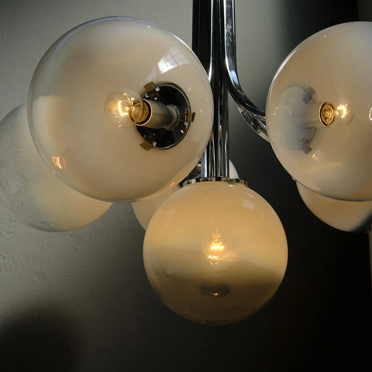Lampadario da soffitto in metallo cromato e vetro di Murano, anni '70 8