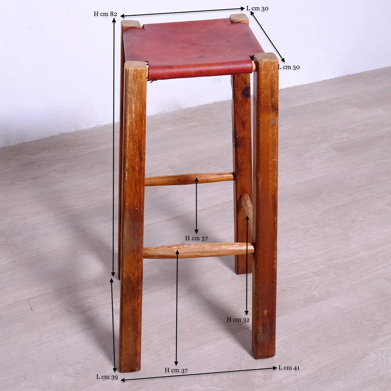 Sgabello in legno massello e cuoio, fine '900 7