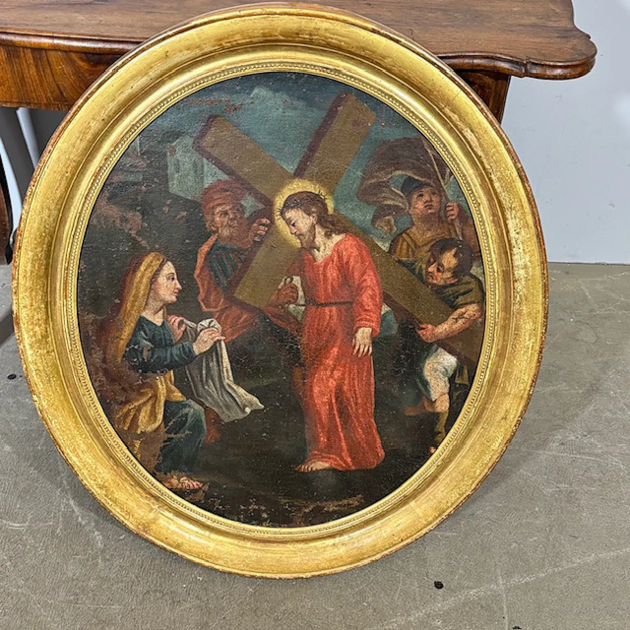 Oil painting on oval canvas Jesus and Cyreneo, 18th century 1