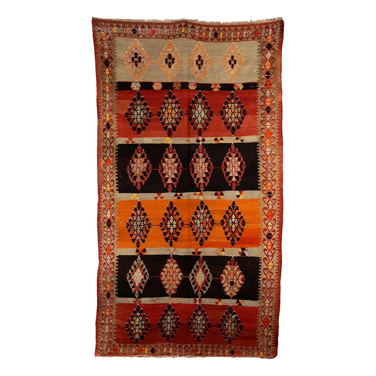 Thin knot Kilim rug in brown and orange wool 1