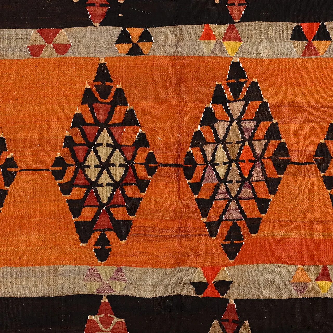 Thin knot Kilim rug in brown and orange wool 3