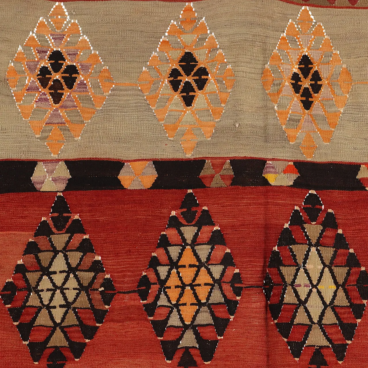 Thin knot Kilim rug in brown and orange wool 4