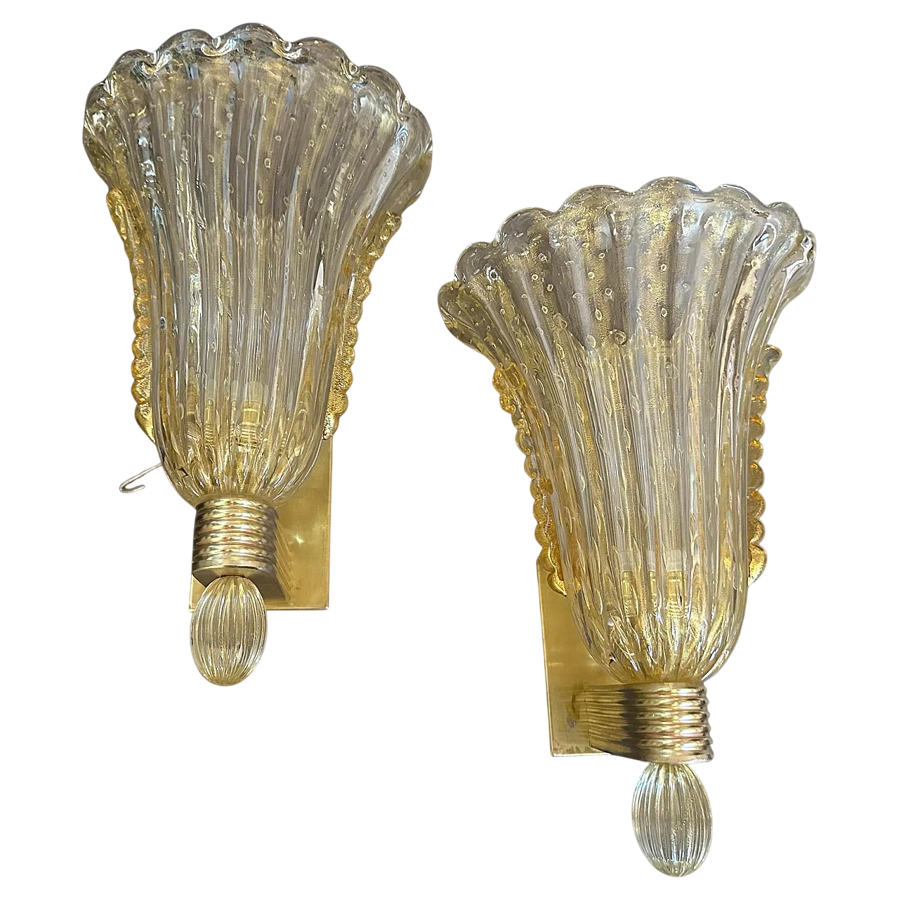 Coppia di applique in ottone e vetro di Murano ambrato, anni 2000 21