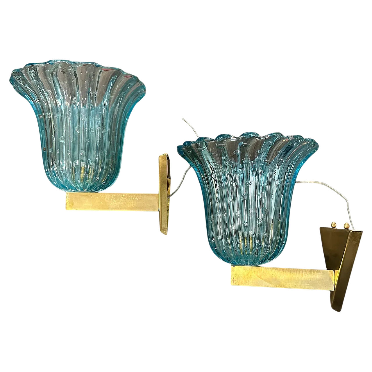 Coppia di applique in vetro di Murano blu, stile Barovier, anni '70 15