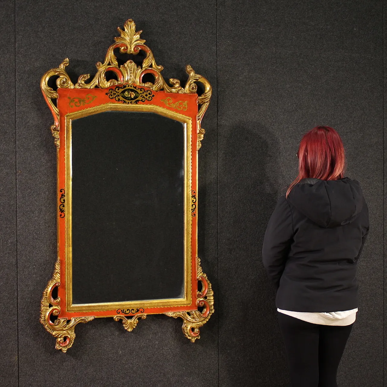 Specchiera toscana laccata rossa e dorata, 20th secolo 2